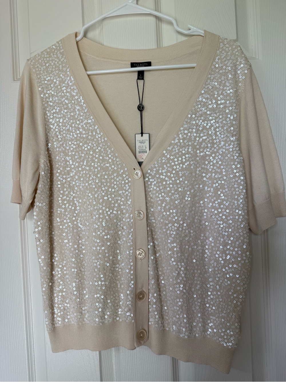 Talbots Beige Sequin V-Neck Soft Lightweight knit button Cardigan NWT Exquisite